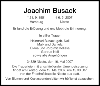 Todesanzeige von Joachim Busack von HNA