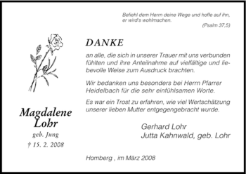Todesanzeige von Magdalene Lohr von HNA