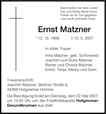 Todesanzeige von Ernst Matzner von HNA
