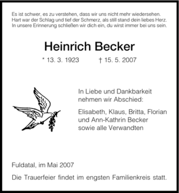 Todesanzeige von Heinrich Becker von HNA