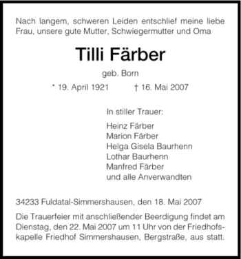 Todesanzeige von Tilli Färber von HNA