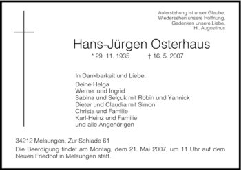 Todesanzeige von Hans-Jürgen Osterhaus von HNA