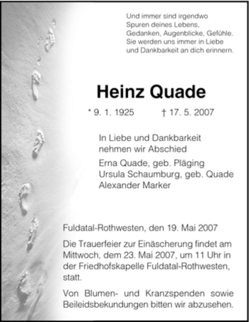 Todesanzeige von Heinz Quade von HNA