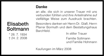 Todesanzeige von Elisabeth Soltmann von HNA