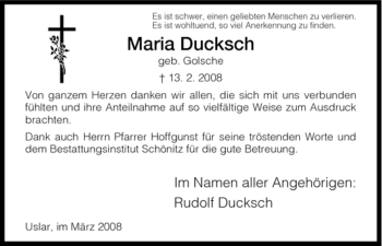Todesanzeige von Maria Ducksch von HNA