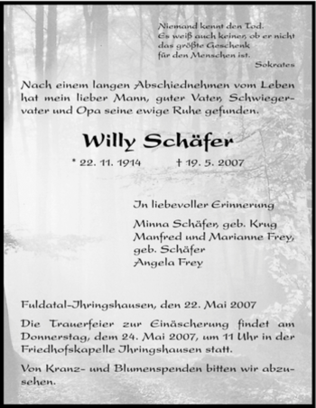 Todesanzeige von Willy Schäfer von HNA