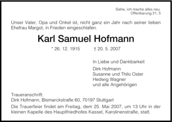 Todesanzeige von Karl Samuel Hofmann von HNA