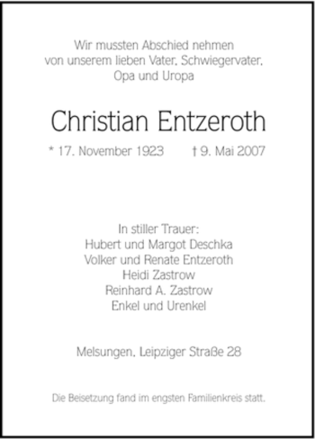 Todesanzeige von Christian Entzeroth von HNA