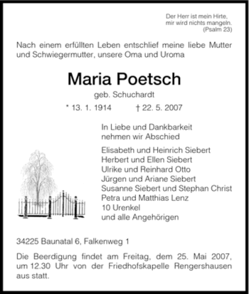 Todesanzeige von Maria Poetsch von HNA