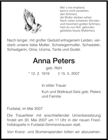 Todesanzeige von Anna Peters von HNA