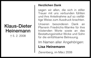 Todesanzeige von Klaus-Dieter Heinemann von HNA