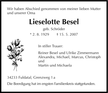 Todesanzeige von Lieselotte Besel von HNA