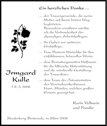 Todesanzeige von Irmgard Kulle von HNA