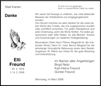 Todesanzeige von Elli Freund von HNA