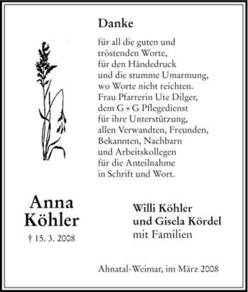 Todesanzeige von Anna Köhler von HNA