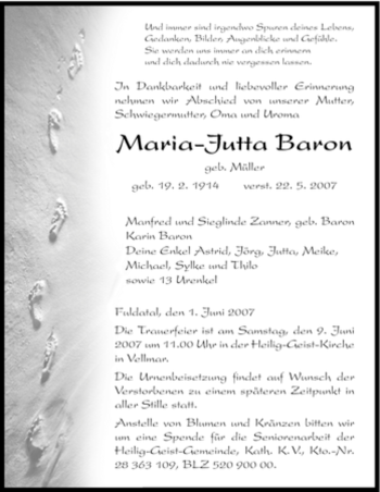 Todesanzeige von Maria-Jutta Baron von HNA