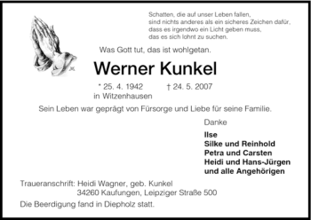 Todesanzeige von Werner Kunkel von HNA
