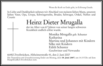 Todesanzeige von Heinz Dieter Mrugalla von HNA