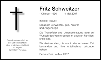 Todesanzeige von Fritz Schweitzer von HNA
