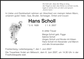 Todesanzeige von Hans Scholl von HNA