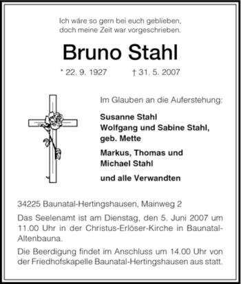 Todesanzeige von Bruno Stahl von HNA