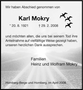Todesanzeige von Karl Mokry von HNA