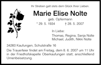 Todesanzeige von Marie Elise Nolte von HNA