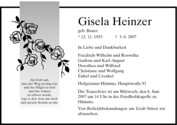 Todesanzeige von Gisela Heinzer von HNA