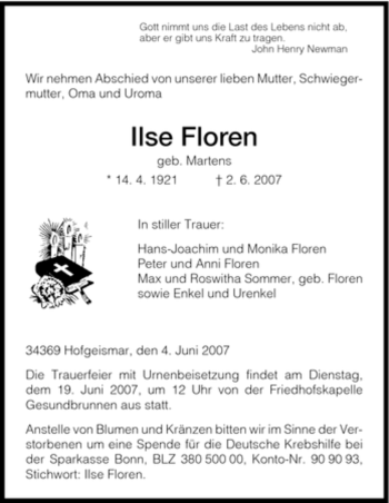 Todesanzeige von Ilse Floren von HNA
