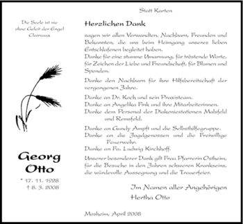Todesanzeige von Georg Otto von HNA