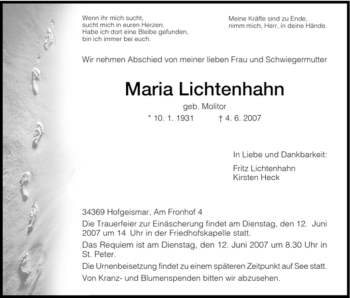 Todesanzeige von Maria Lichtenhahn von HNA