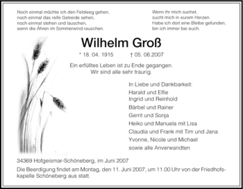 Todesanzeige von Wilhelm Groß von HNA