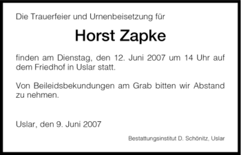 Todesanzeige von Horst Zapka von HNA
