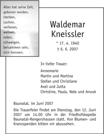 Todesanzeige von Waldemar Kneissler von HNA