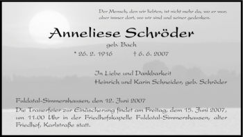 Todesanzeige von Anneliese Schröder von HNA