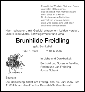 Todesanzeige von Brunhilde Freidling von HNA