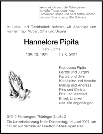 Todesanzeige von Hannelore Pipita von HNA