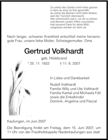 Todesanzeige von Gertrud Volkhardt von HNA