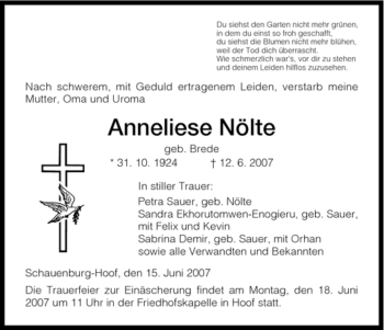 Todesanzeige von Anneliese Nölte von HNA