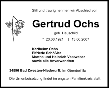 Todesanzeige von Gertrud Ochs von HNA