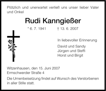Todesanzeige von Rudi Kanngießer von HNA