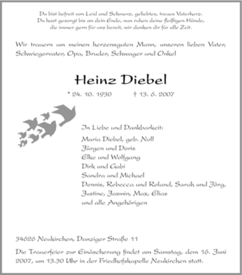 Todesanzeige von Heinz Diebel von HNA