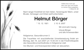 Todesanzeige von Helmut Börger von HNA