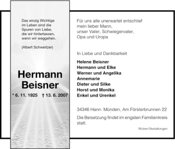 Todesanzeige von Hermann Beisner von HNA