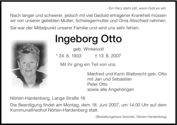 Todesanzeige von Ingeborg Otto von HNA