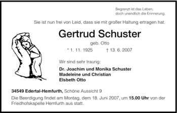 Todesanzeige von Gertrud Schuster von HNA