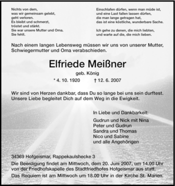 Todesanzeige von Elfriede Meißner von HNA