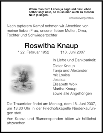 Todesanzeige von Roswitha Knaup von HNA