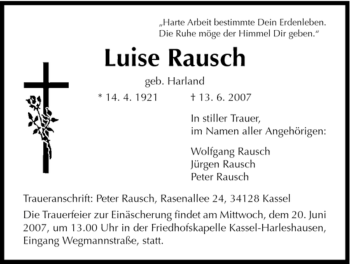 Todesanzeige von Luise Rausch von HNA