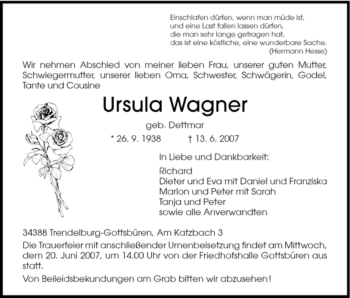 Todesanzeige von Ursula Wagner von HNA